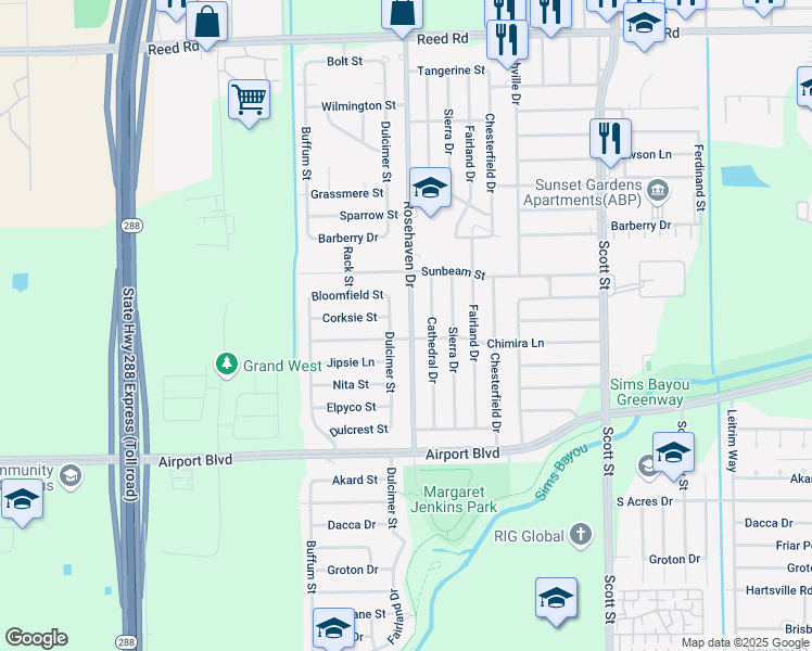 map of restaurants, bars, coffee shops, grocery stores, and more near 10305 Rosehaven Drive in Houston