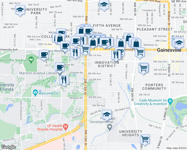 map of restaurants, bars, coffee shops, grocery stores, and more near 1227 Southwest 4th Avenue in Gainesville