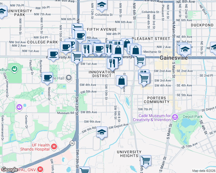 map of restaurants, bars, coffee shops, grocery stores, and more near 403 Southwest 10th Street in Gainesville