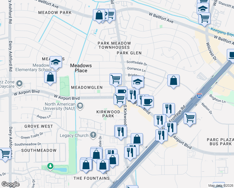 map of restaurants, bars, coffee shops, grocery stores, and more near 11799 West Airport Boulevard in Meadows Place