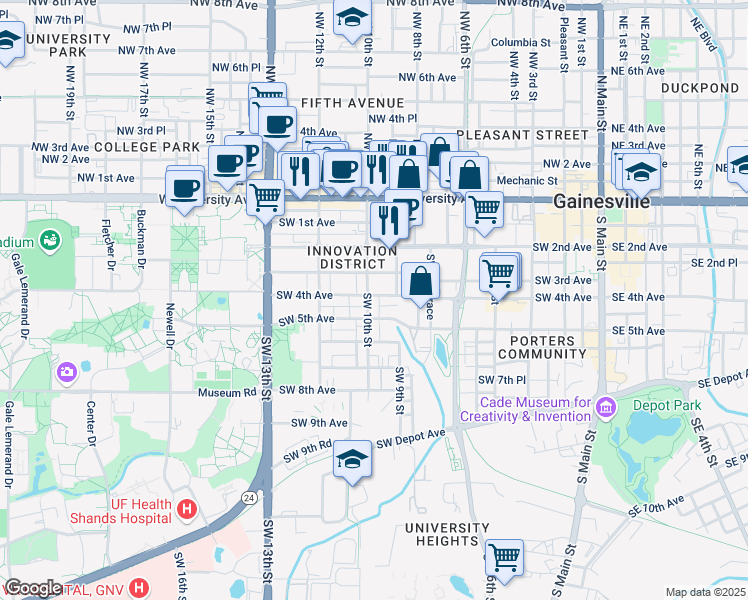 map of restaurants, bars, coffee shops, grocery stores, and more near 1001 Southwest 3rd Avenue in Gainesville