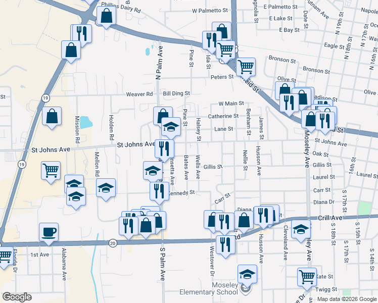 map of restaurants, bars, coffee shops, grocery stores, and more near 2920 Saint Johns Avenue in Palatka