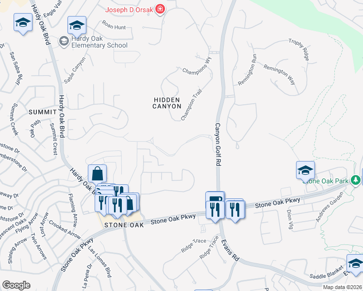 map of restaurants, bars, coffee shops, grocery stores, and more near Winding Ravine in San Antonio
