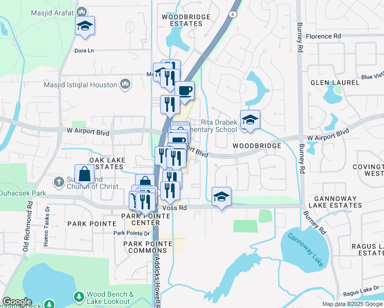 map of restaurants, bars, coffee shops, grocery stores, and more near 15015 West Airport Boulevard in Sugar Land