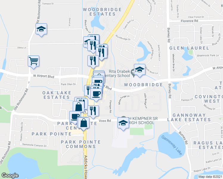 map of restaurants, bars, coffee shops, grocery stores, and more near 15012 West Airport Boulevard in Sugar Land