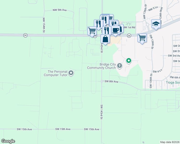 map of restaurants, bars, coffee shops, grocery stores, and more near 358 Southwest 145th Drive in Newberry