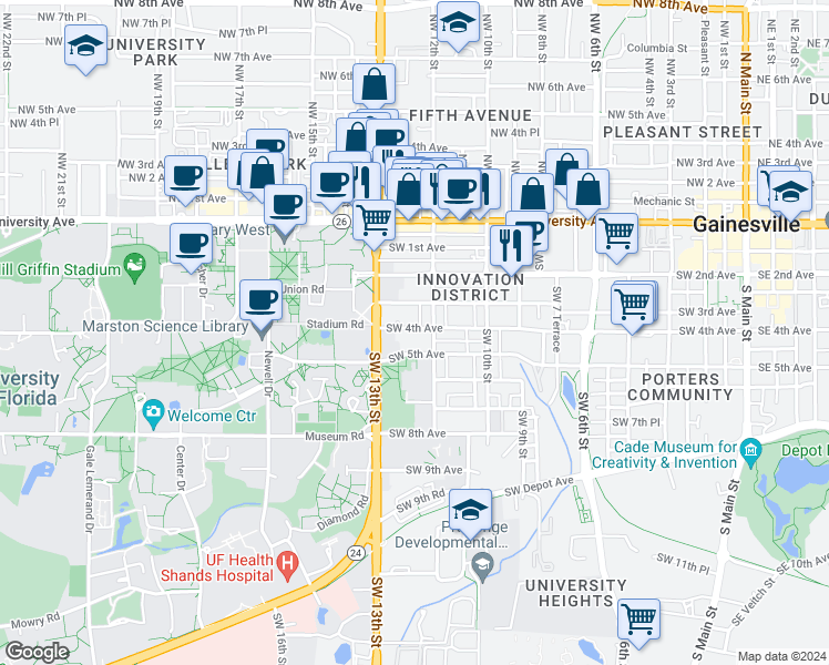 map of restaurants, bars, coffee shops, grocery stores, and more near 1221 Southwest 4th Avenue in Gainesville