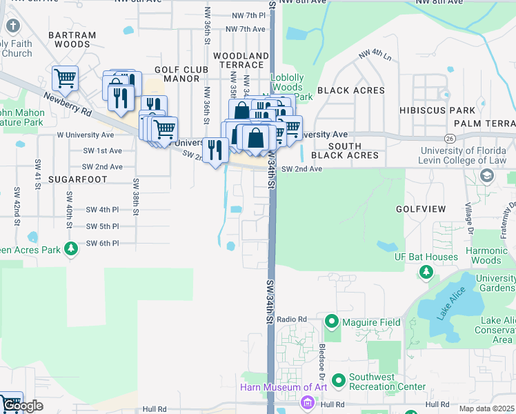 map of restaurants, bars, coffee shops, grocery stores, and more near 3425 Southwest 2nd Avenue in Gainesville