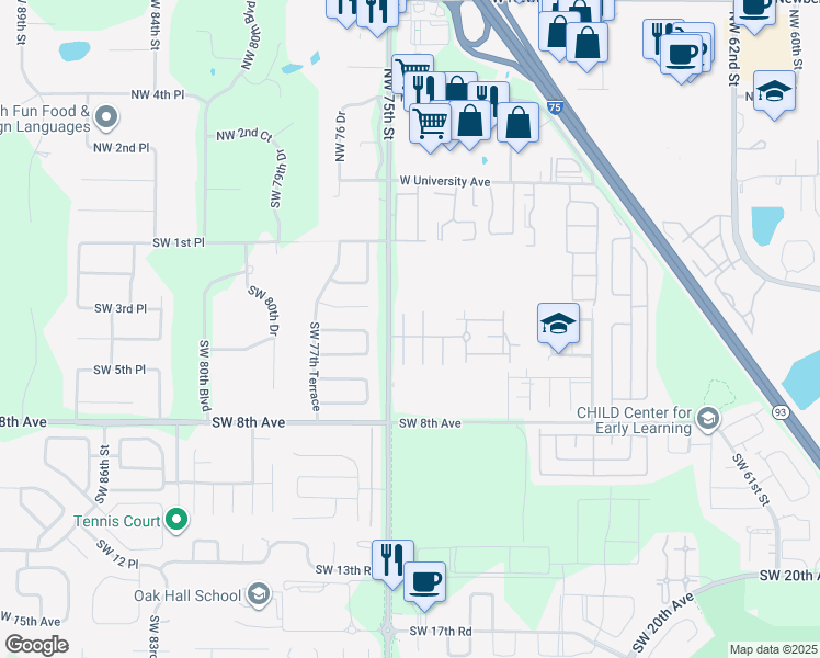 map of restaurants, bars, coffee shops, grocery stores, and more near 405 Southwest 75th Street in Gainesville