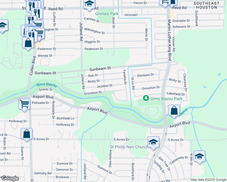 map of restaurants, bars, coffee shops, grocery stores, and more near 5321 Jezebel Street in Houston