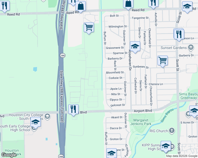 map of restaurants, bars, coffee shops, grocery stores, and more near 10106 Buffum Street in Houston