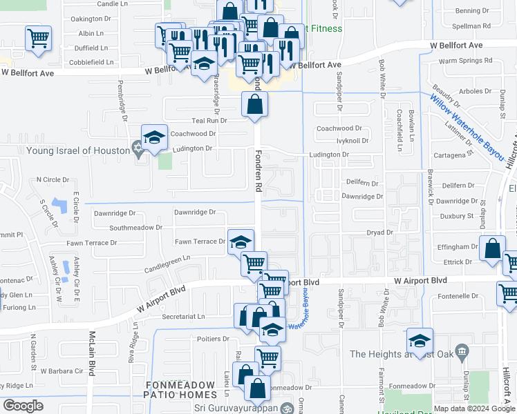 map of restaurants, bars, coffee shops, grocery stores, and more near 11945 Fondren Road in Houston