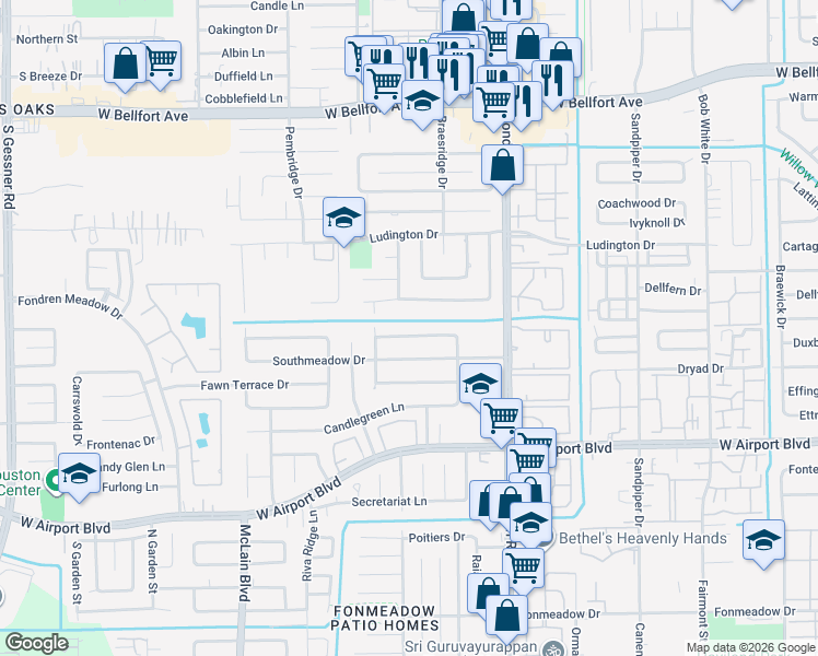 map of restaurants, bars, coffee shops, grocery stores, and more near 7627 Apache Plume Drive in Houston
