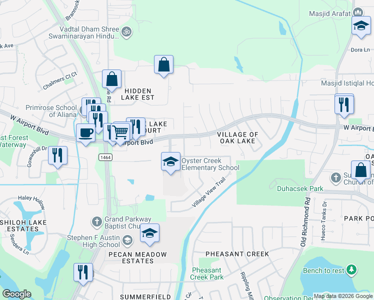 map of restaurants, bars, coffee shops, grocery stores, and more near 16402 Maple Downs Lane in Sugar Land