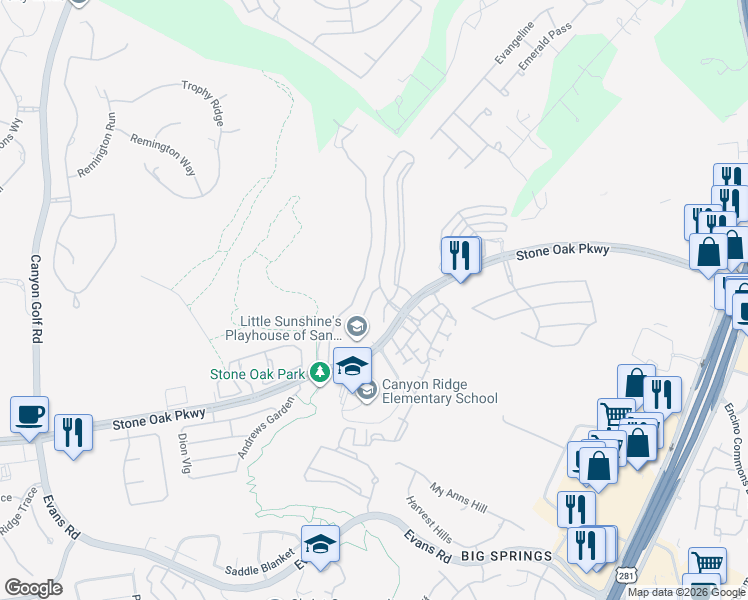 map of restaurants, bars, coffee shops, grocery stores, and more near 22202 Estate Hill Drive in San Antonio