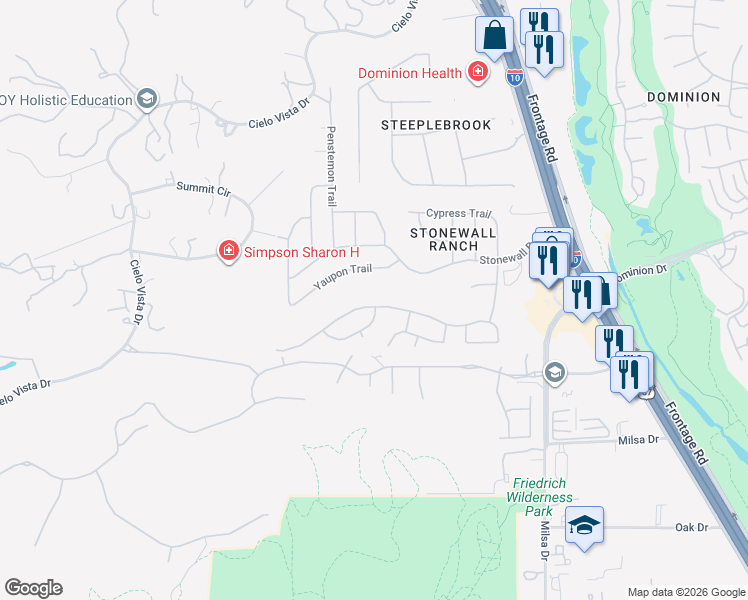 map of restaurants, bars, coffee shops, grocery stores, and more near 126 Yaupon Trail in San Antonio