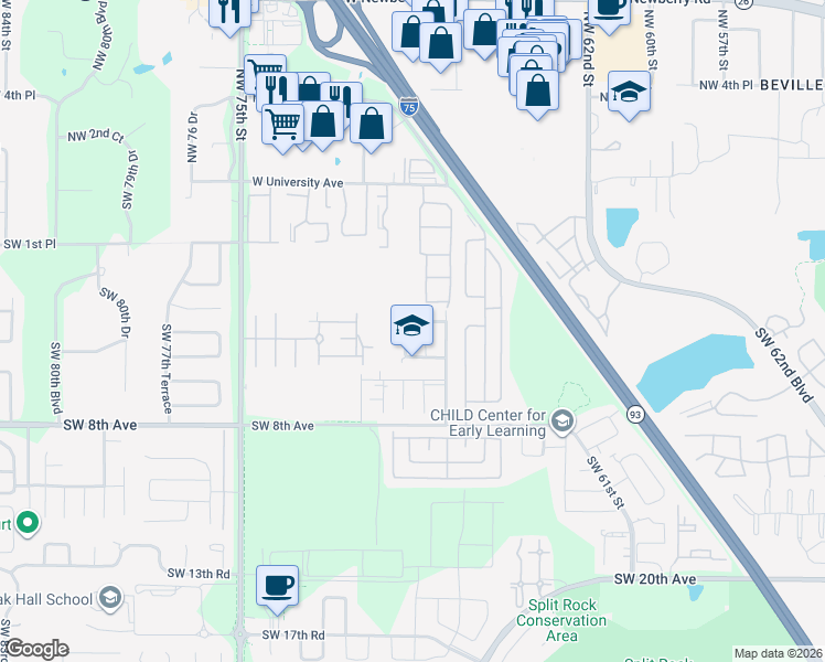 map of restaurants, bars, coffee shops, grocery stores, and more near 6826 Southwest 4th Place in Gainesville