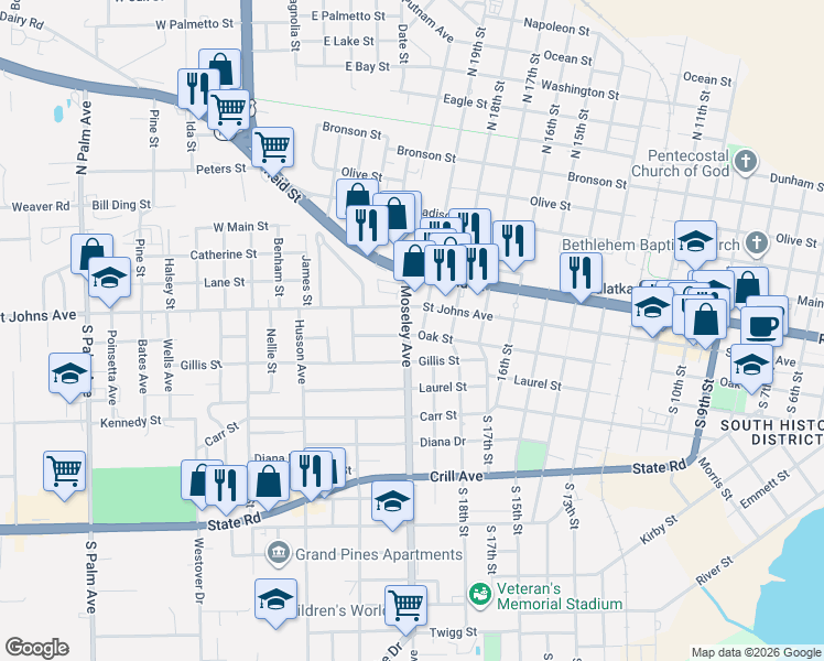 map of restaurants, bars, coffee shops, grocery stores, and more near 101 Moseley Avenue in Palatka