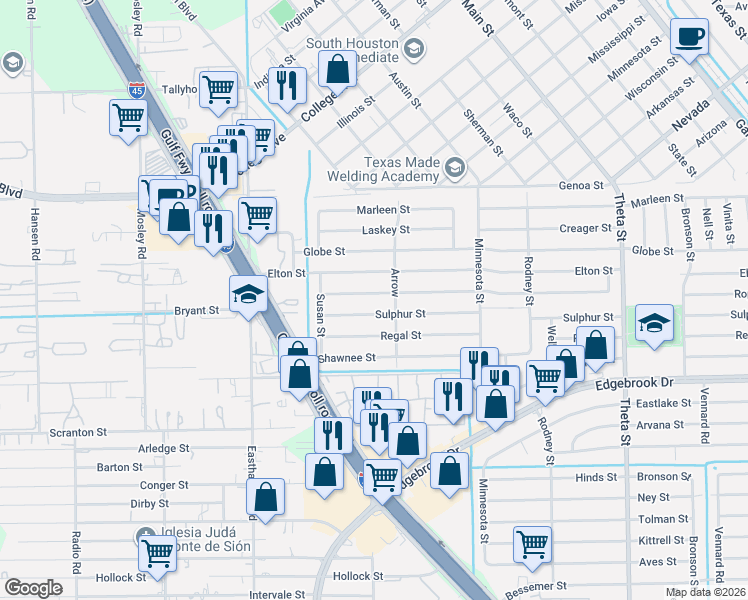 map of restaurants, bars, coffee shops, grocery stores, and more near 1322 Elton Street in Houston