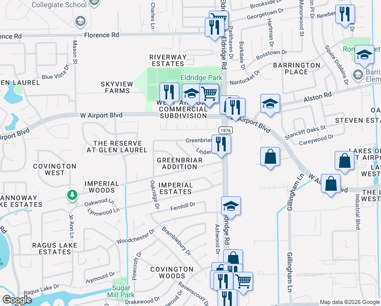 map of restaurants, bars, coffee shops, grocery stores, and more near 13467 Linden Street in Sugar Land