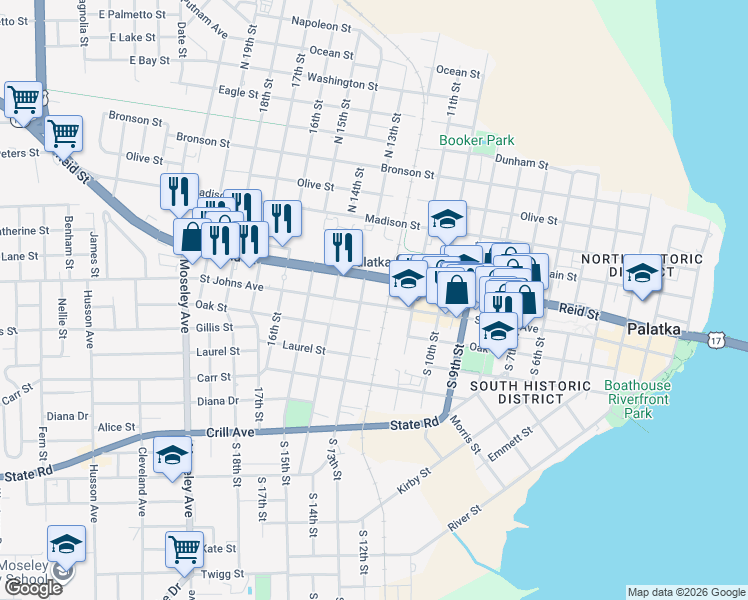 map of restaurants, bars, coffee shops, grocery stores, and more near 1223 Reid Street in Palatka