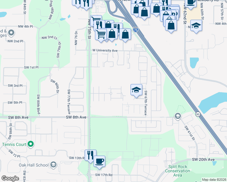 map of restaurants, bars, coffee shops, grocery stores, and more near 7180 Southwest 4th Road in Gainesville