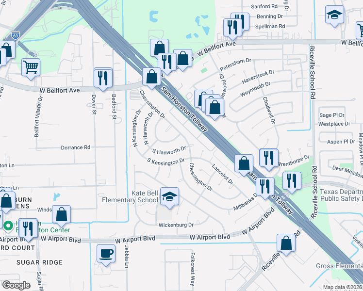 map of restaurants, bars, coffee shops, grocery stores, and more near 9610 South Petersham Drive in Houston
