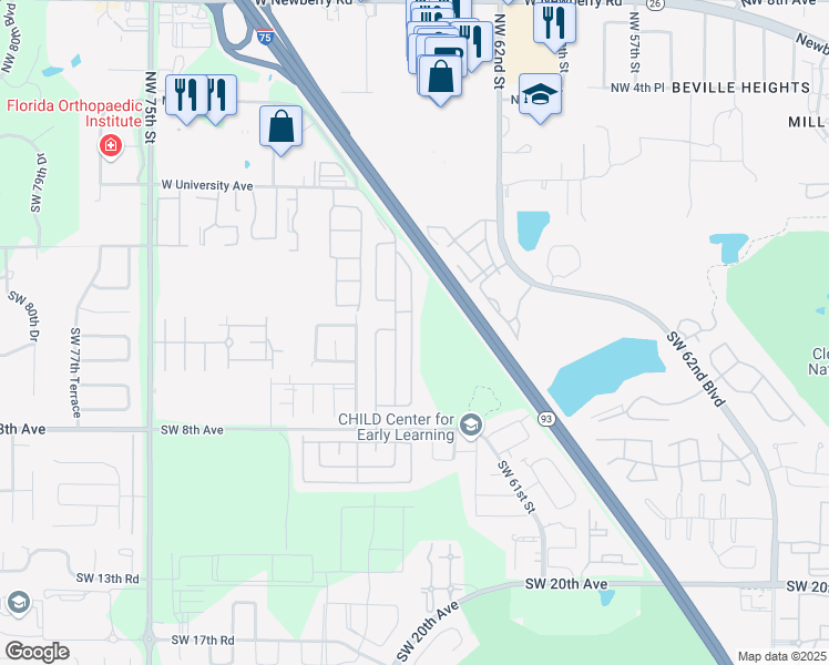 map of restaurants, bars, coffee shops, grocery stores, and more near 249 Bishop Drive in Gainesville