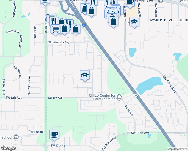 map of restaurants, bars, coffee shops, grocery stores, and more near 6724 Southwest 4th Place in Gainesville