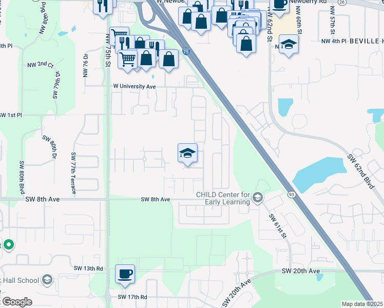 map of restaurants, bars, coffee shops, grocery stores, and more near 6826 Southwest 4th Place in Gainesville
