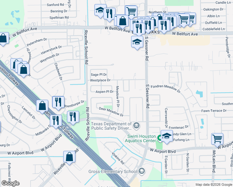 map of restaurants, bars, coffee shops, grocery stores, and more near 11830 Meadow Place Drive in Houston