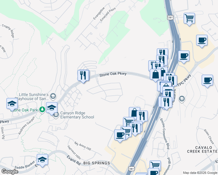 map of restaurants, bars, coffee shops, grocery stores, and more near 79 Bighorn Canyon in San Antonio