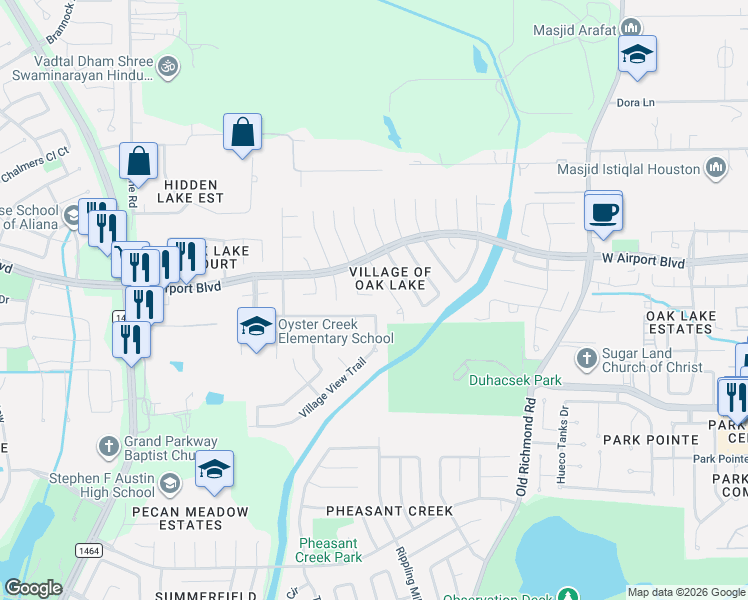 map of restaurants, bars, coffee shops, grocery stores, and more near 16422 Ember Hollow Lane in Sugar Land