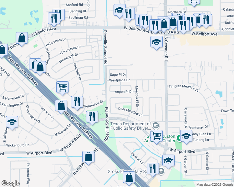 map of restaurants, bars, coffee shops, grocery stores, and more near 8923 Aspen Meadow Drive in Houston