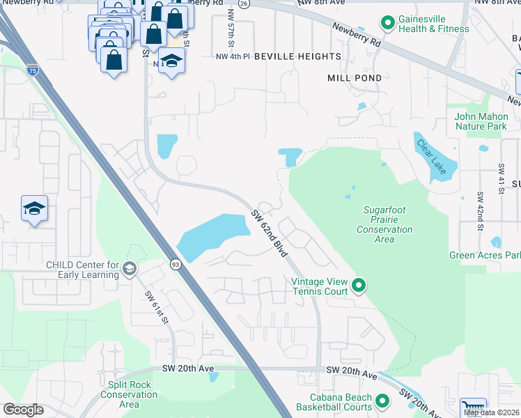 map of restaurants, bars, coffee shops, grocery stores, and more near 285-703 Southwest 62nd Boulevard in Gainesville