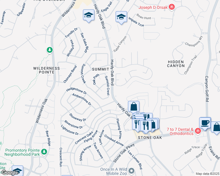 map of restaurants, bars, coffee shops, grocery stores, and more near 22303 Mesa Knoll in San Antonio