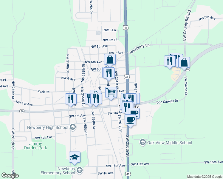 map of restaurants, bars, coffee shops, grocery stores, and more near 290 Northwest 252 Street in Newberry
