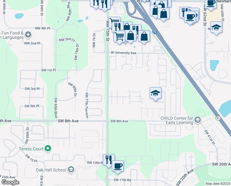 map of restaurants, bars, coffee shops, grocery stores, and more near 501 Southwest 75th Street in Gainesville