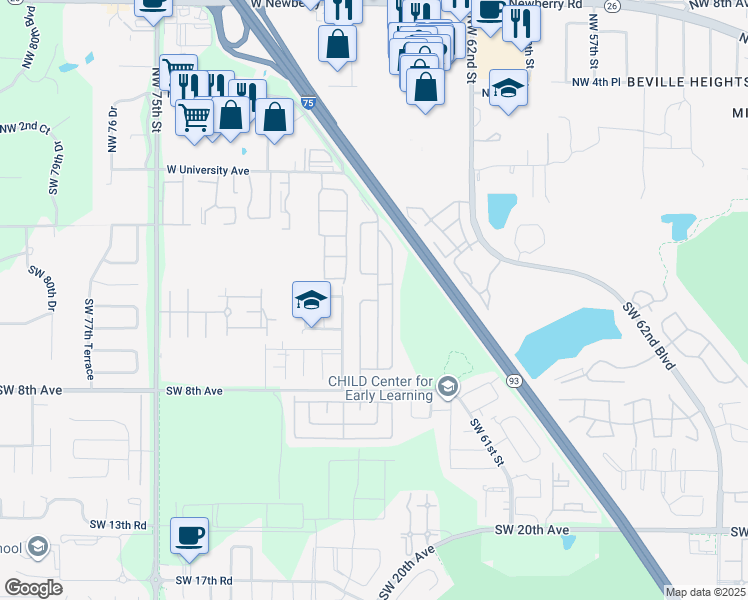 map of restaurants, bars, coffee shops, grocery stores, and more near 137 Castle Drive in Gainesville