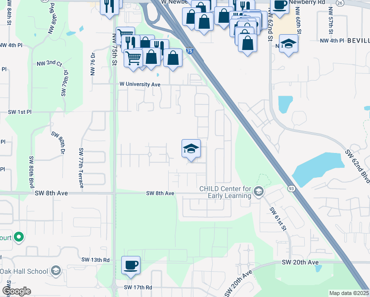 map of restaurants, bars, coffee shops, grocery stores, and more near 6826 Southwest 4th Place in Gainesville
