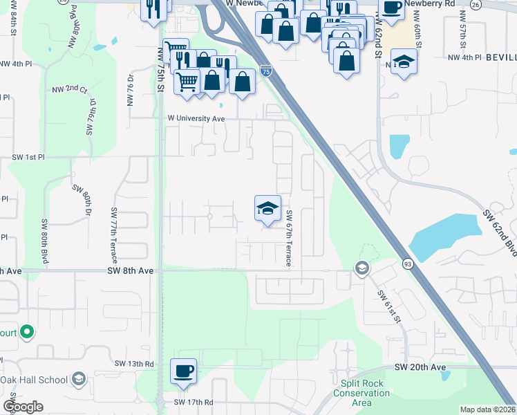 map of restaurants, bars, coffee shops, grocery stores, and more near 6826 Southwest 4th Place in Gainesville