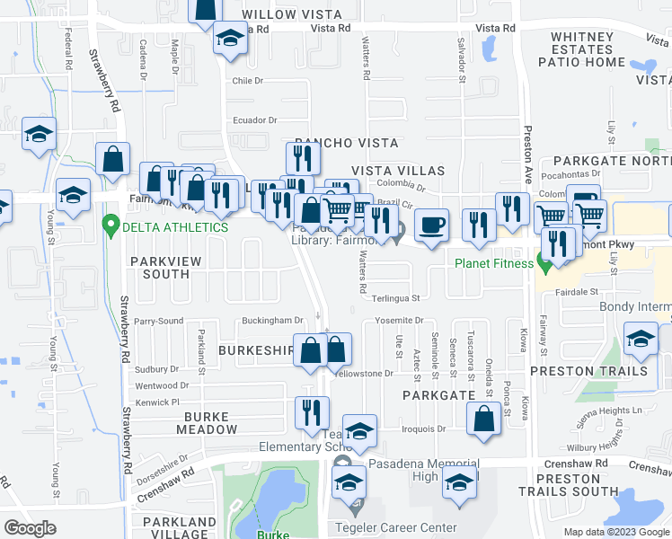map of restaurants, bars, coffee shops, grocery stores, and more near 4025 Burke Road in Pasadena