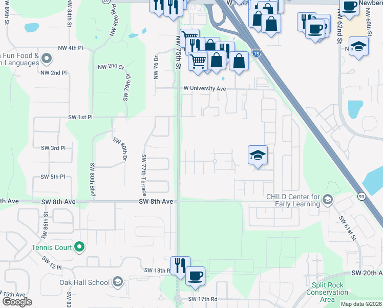 map of restaurants, bars, coffee shops, grocery stores, and more near 405 Southwest 75th Street in Gainesville