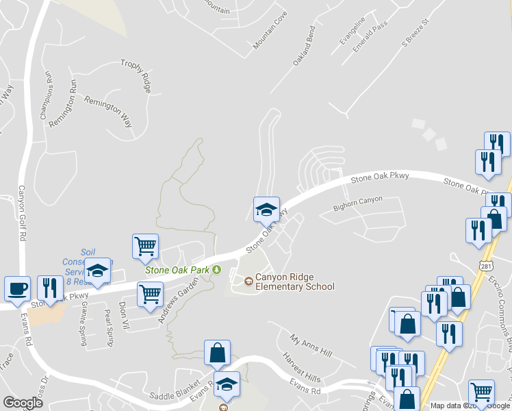 map of restaurants, bars, coffee shops, grocery stores, and more near 22223 Estate Hill Drive in San Antonio