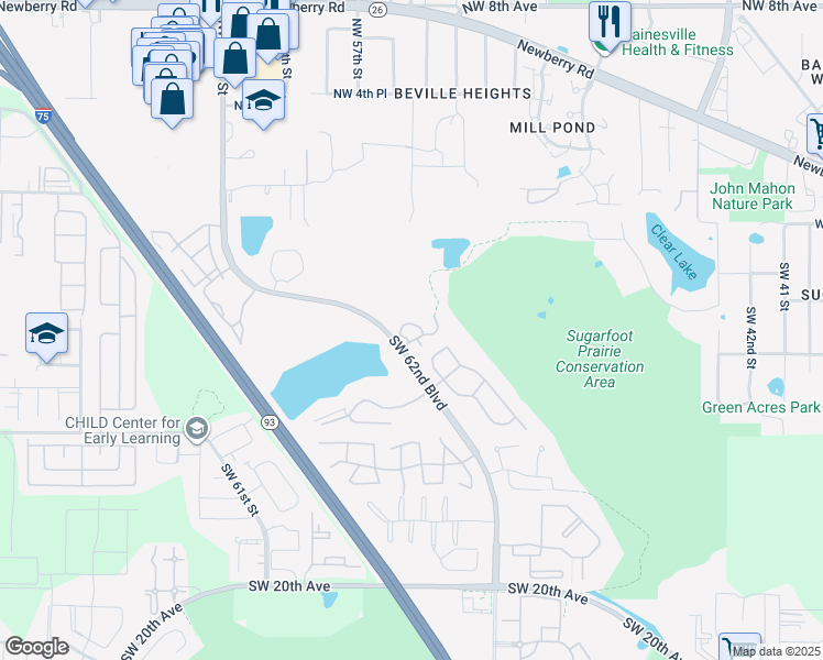 map of restaurants, bars, coffee shops, grocery stores, and more near 5412 Southwest 4th Place in Gainesville