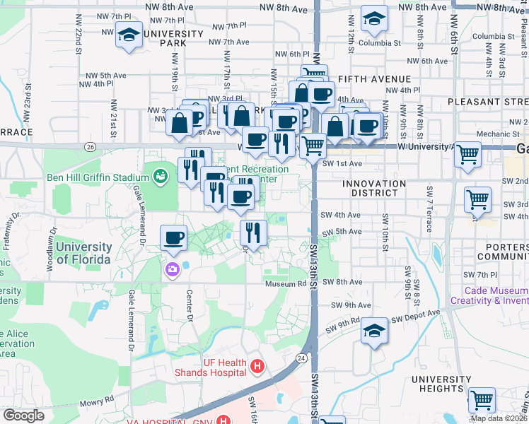 map of restaurants, bars, coffee shops, grocery stores, and more near Murphree Way in Gainesville