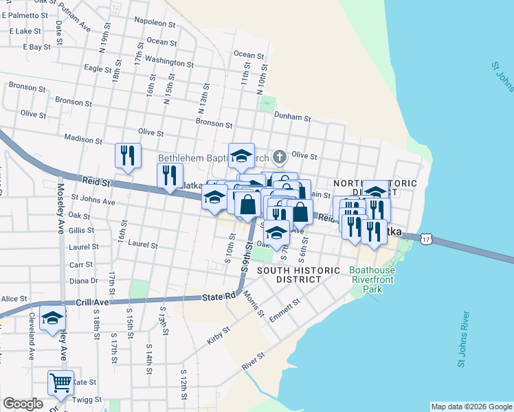 map of restaurants, bars, coffee shops, grocery stores, and more near in Palatka