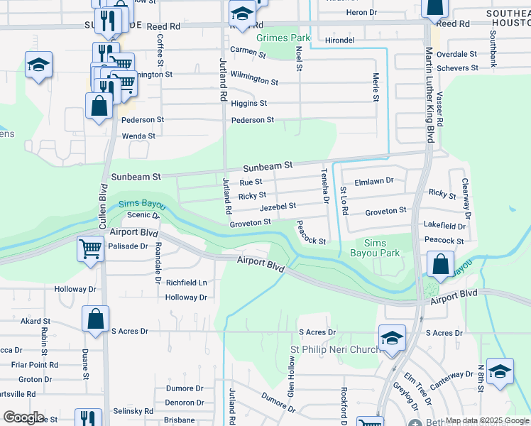 map of restaurants, bars, coffee shops, grocery stores, and more near 5221 Jezebel Street in Houston