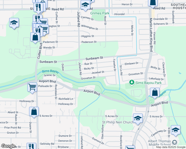 map of restaurants, bars, coffee shops, grocery stores, and more near 5221 Jezebel Street in Houston