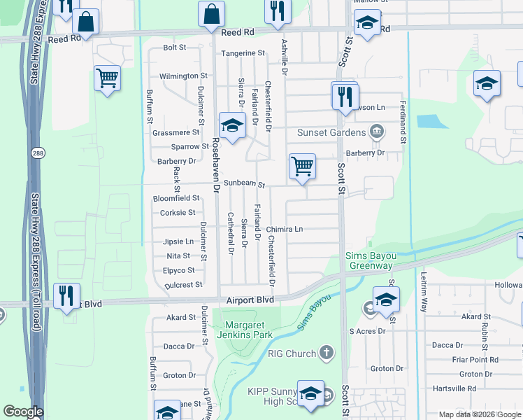 map of restaurants, bars, coffee shops, grocery stores, and more near 10018 Chesterfield Drive in Houston